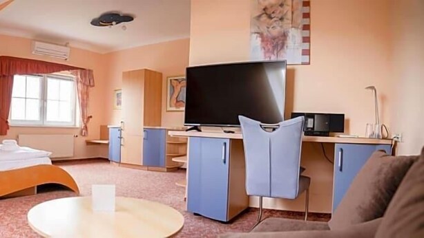 Un dormitorio con cama, escritorio, televisor y silla.