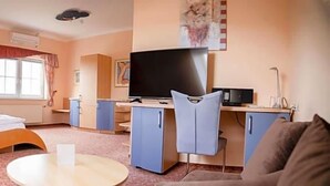 Un dormitorio con cama, escritorio, televisor y silla.