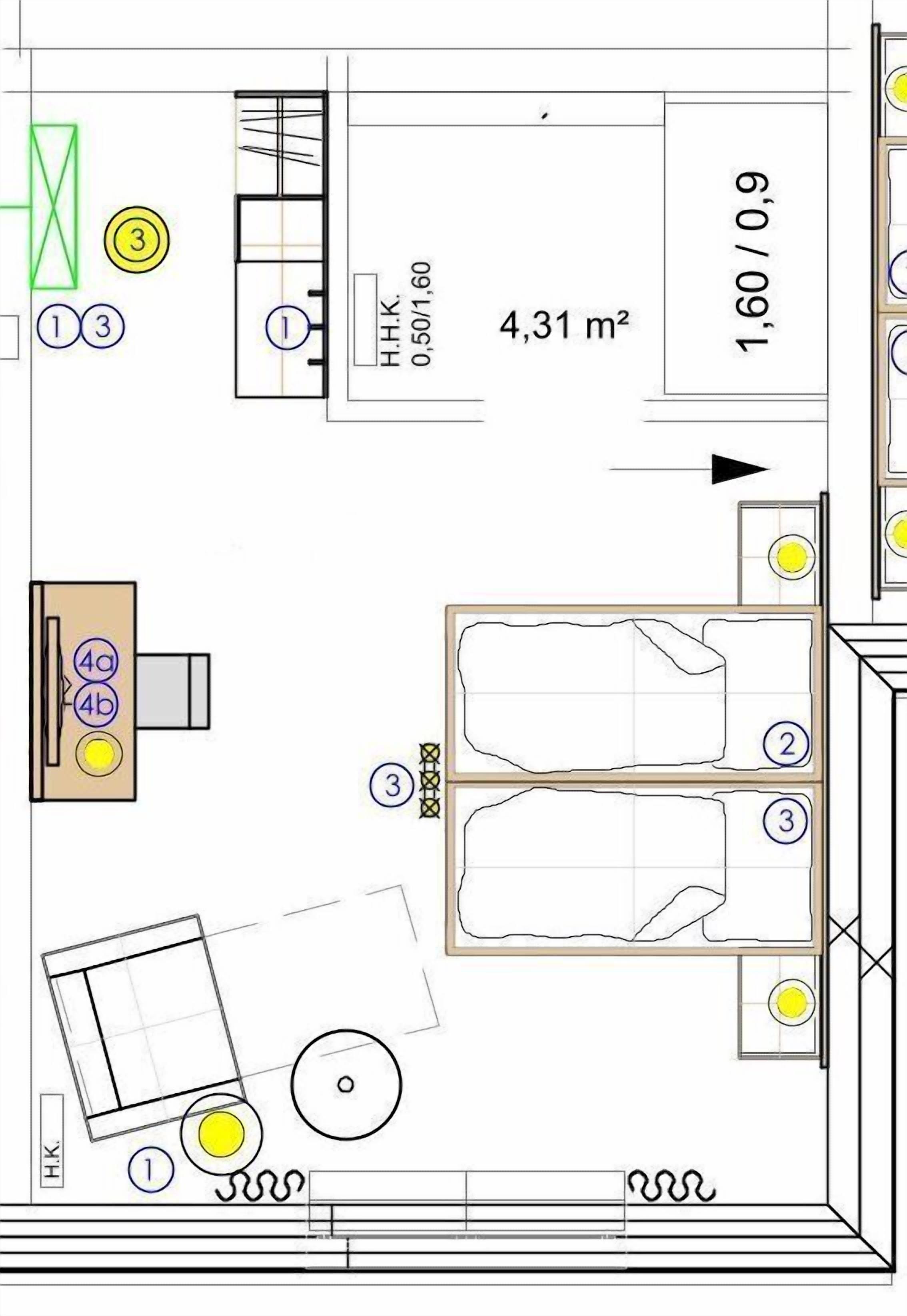 A hotel floor plan with a total area of 4.31 m², including a bathroom and a bedroom.