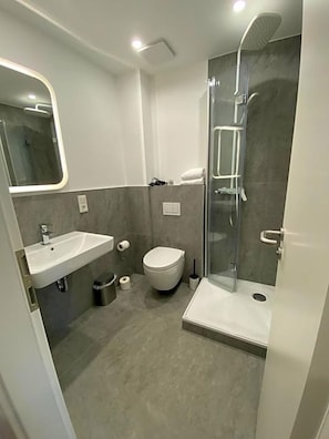A modern bathroom with a glass shower enclosure, a white sink, and a toilet.