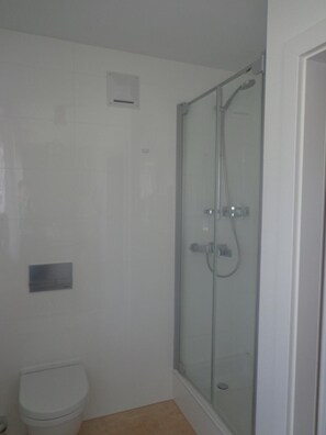 A small, enclosed shower area with a glass door, a toilet, and a control panel on the wall.