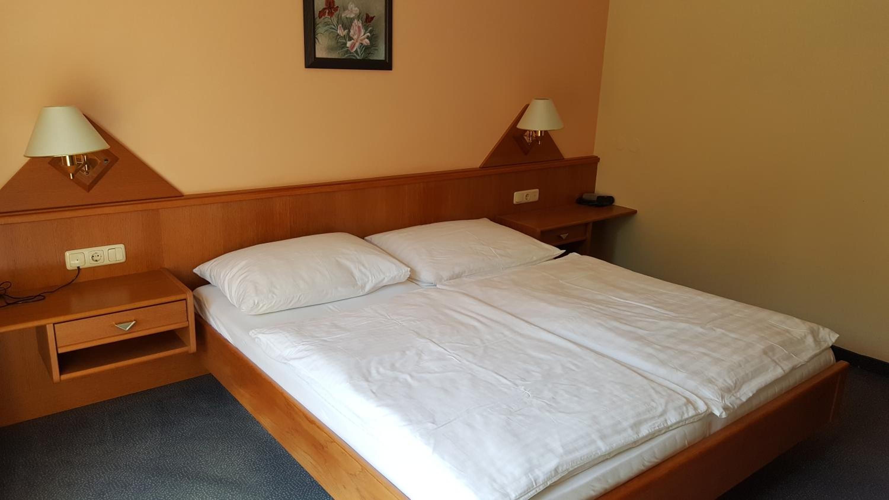 Ein Hotelzimmer mit einem hölzernen Bett, zwei Nachttischen mit Lampen, einer Steckdose und einer kleinen Schublade.