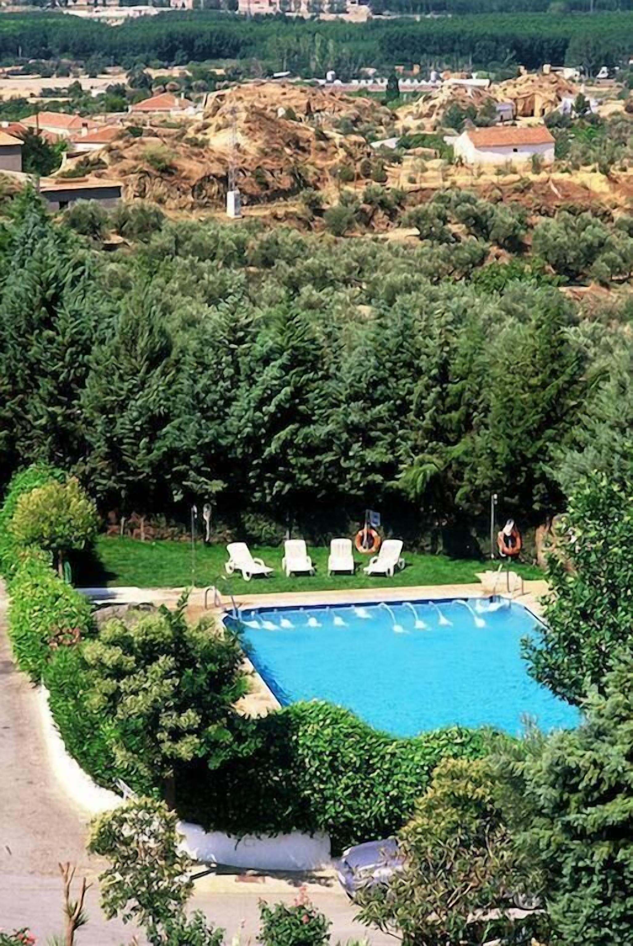 Una piscina rodeada de abundante vegetación y cómodas sillas de descanso blancas.