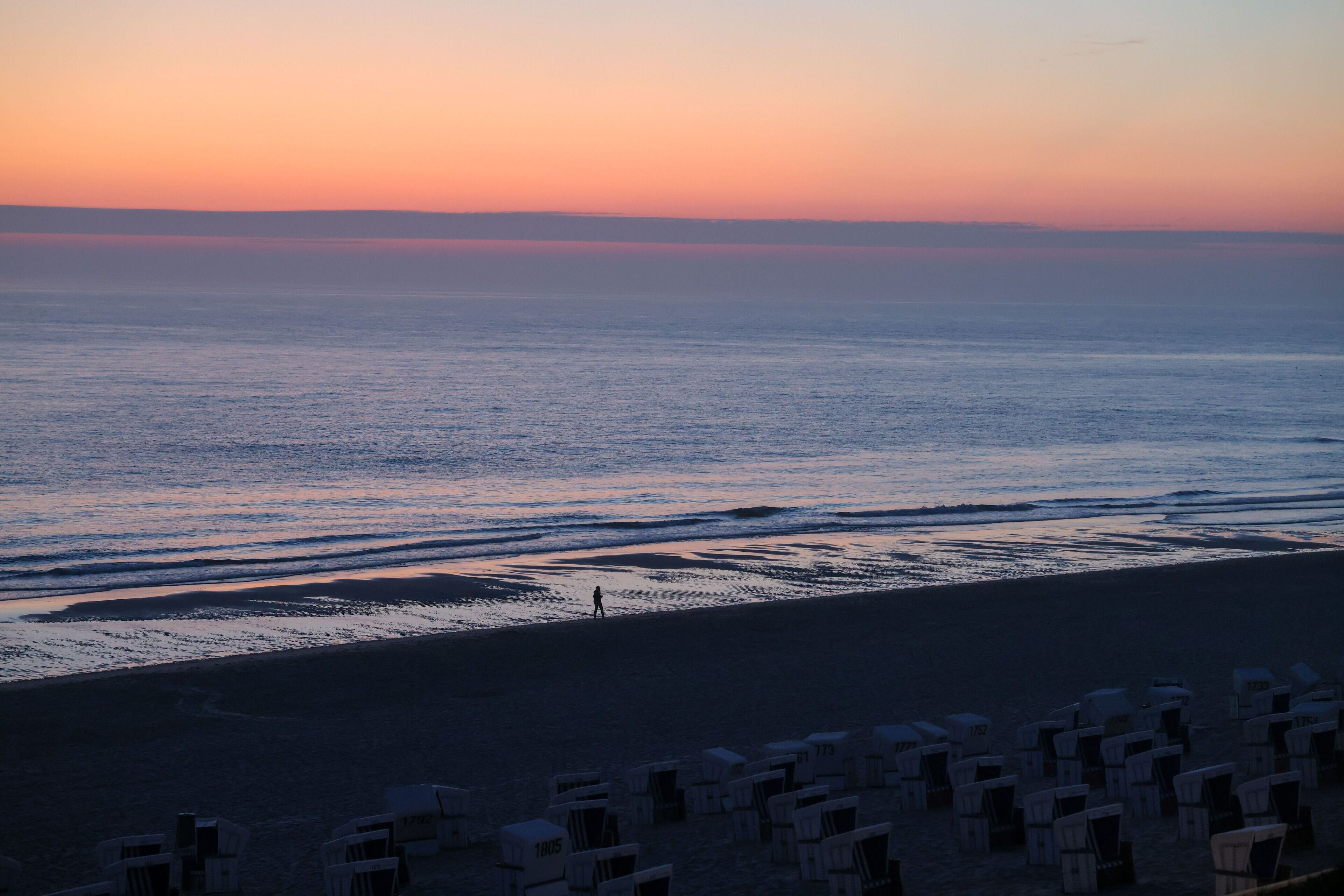 A beach with rows of beach chairs and a person walking along the shore.