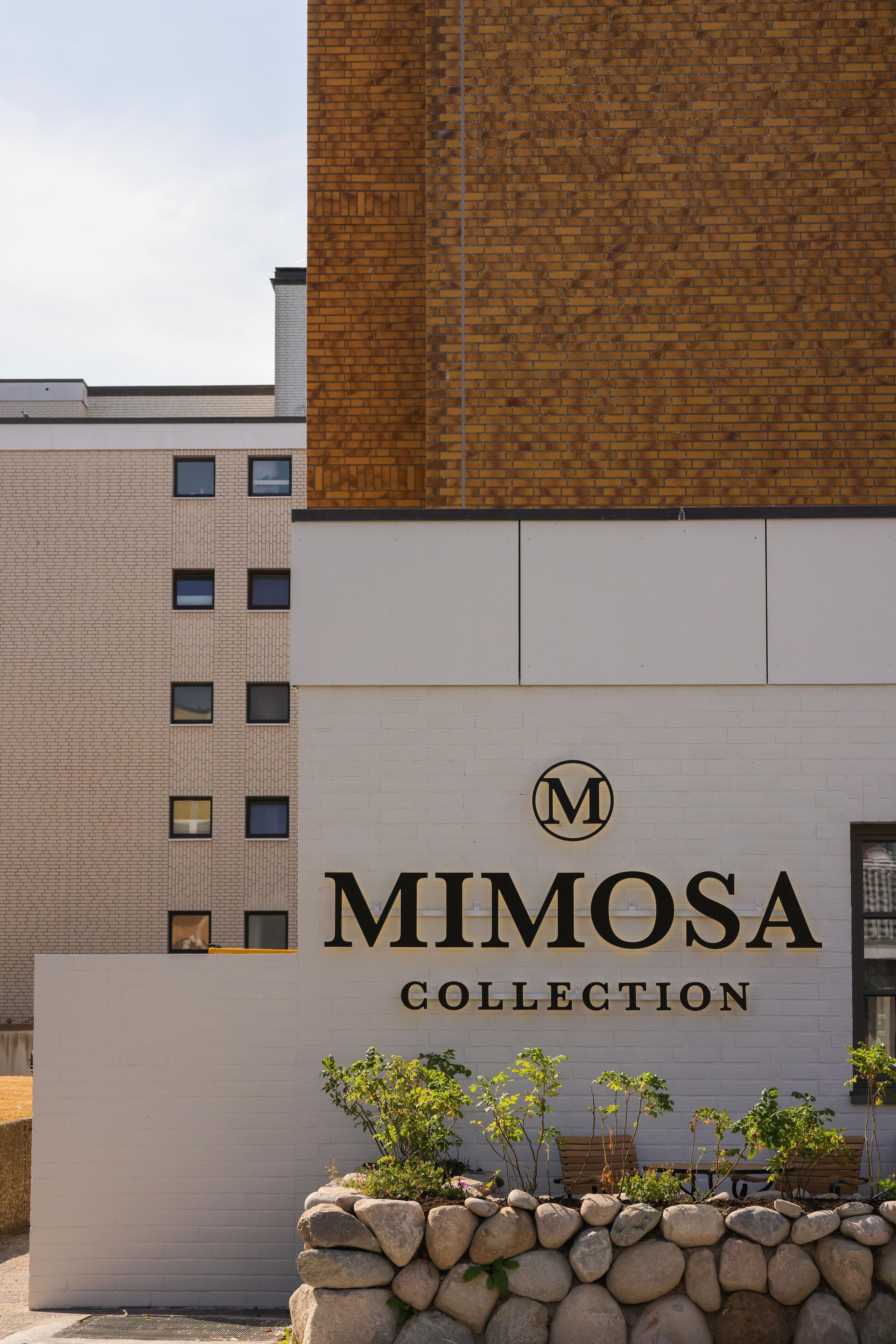 A building with a sign reading "Mimosa Collection" and a stone wall with plants.