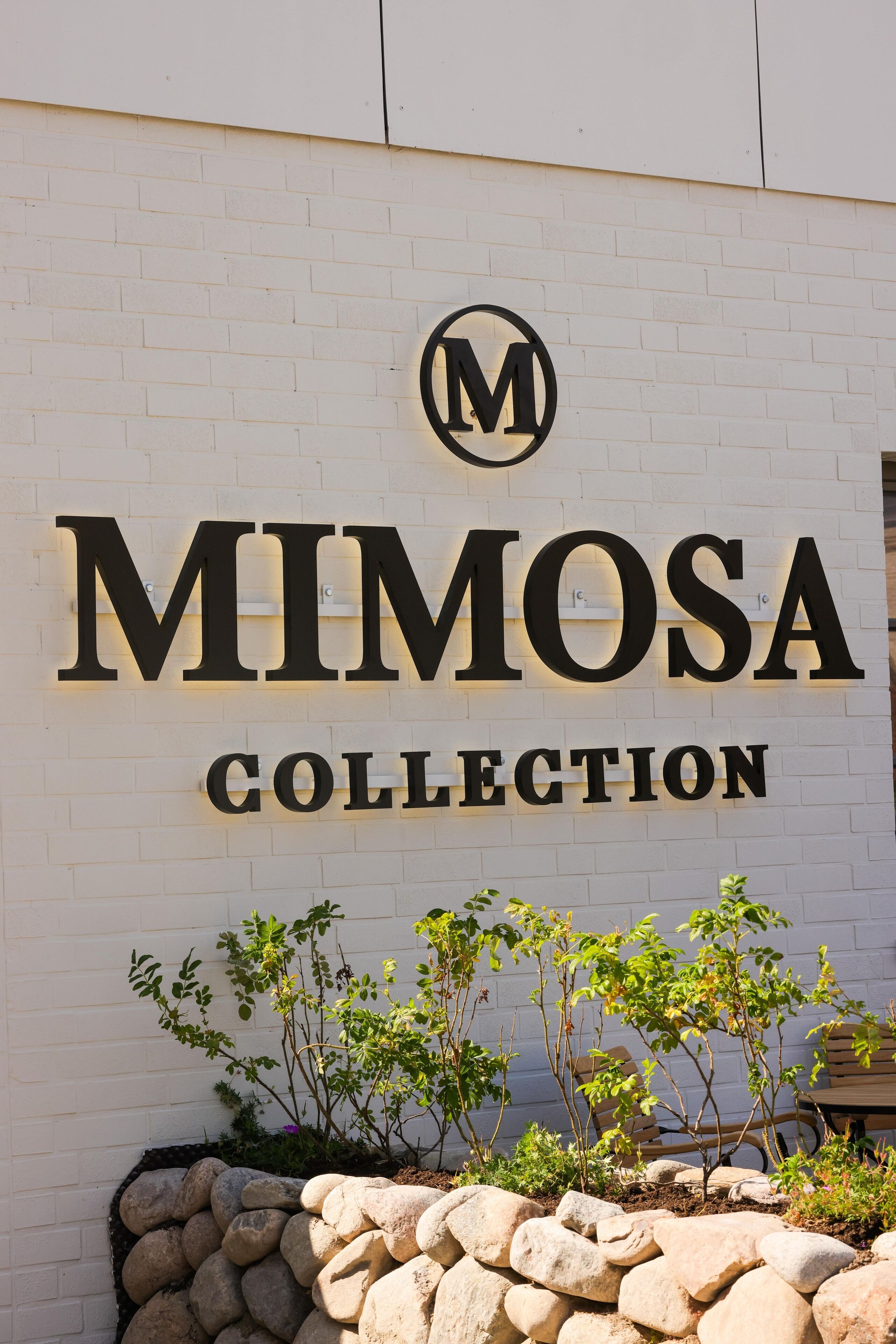 A sign for MIMOSA COLLECTION with a logo above the text, set against a white brick wall.
