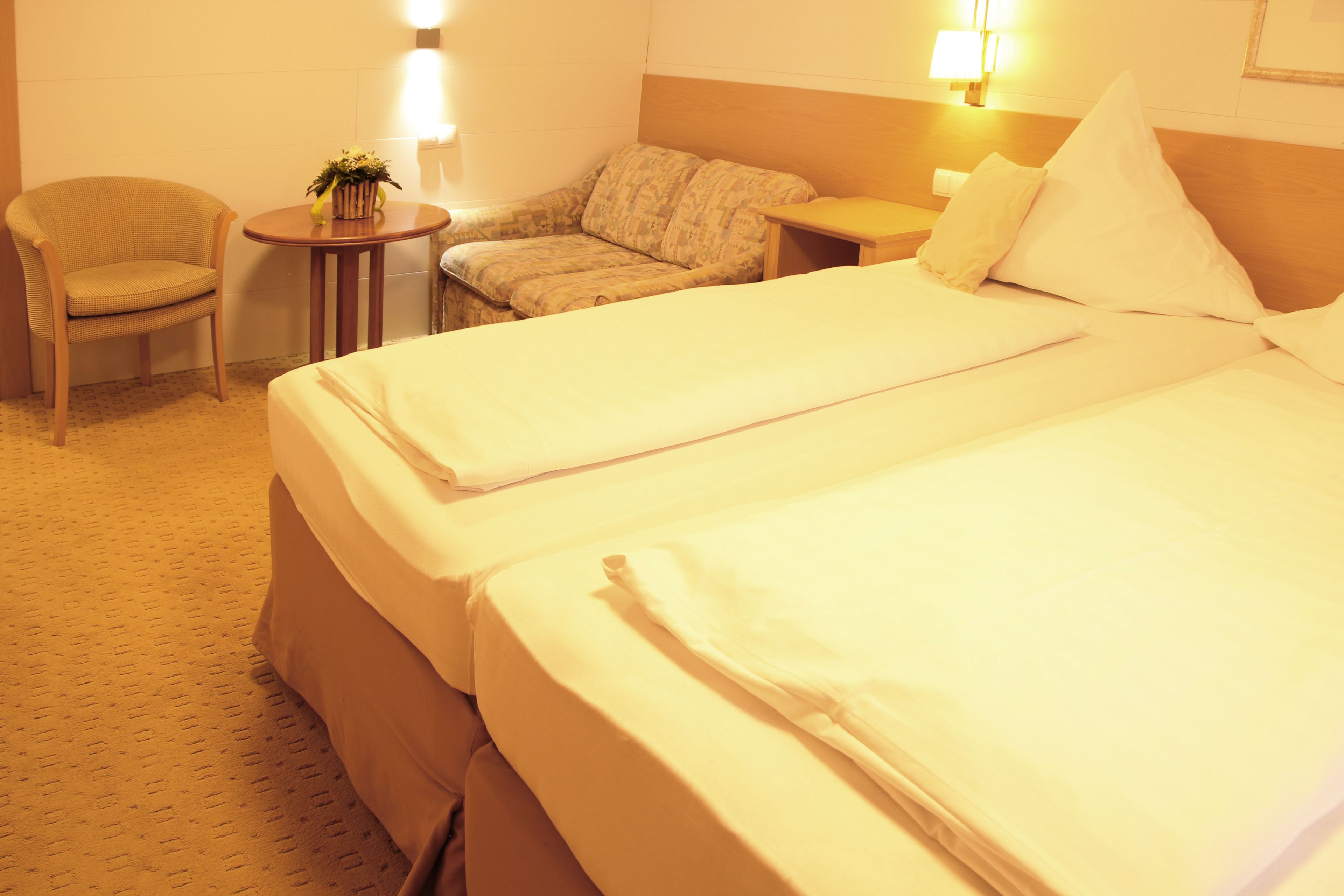 A hotel room with two beds, a small table with a plant, a chair, and a sofa.