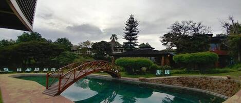 A swimming pool with a bridge, stone pathway, and surrounding greenery.