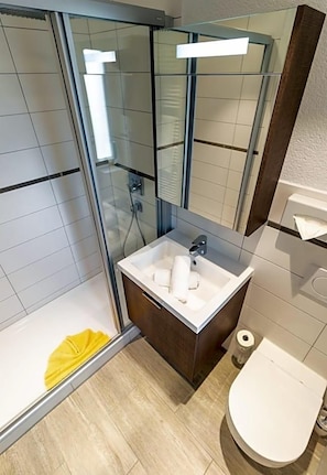 A modern bathroom with a glass shower enclosure, a white sink with a mirror, and a toilet.
