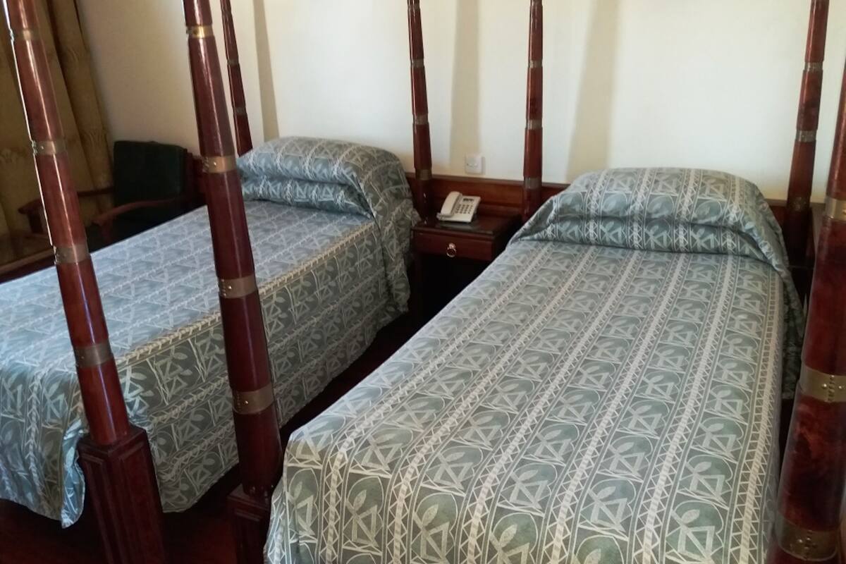 Une chambre avec deux lits simples, chacun doté d’une tête de lit en bois et d’une couvre-lit à motifs. On y trouve une table de chevet avec une lampe et un téléphone.