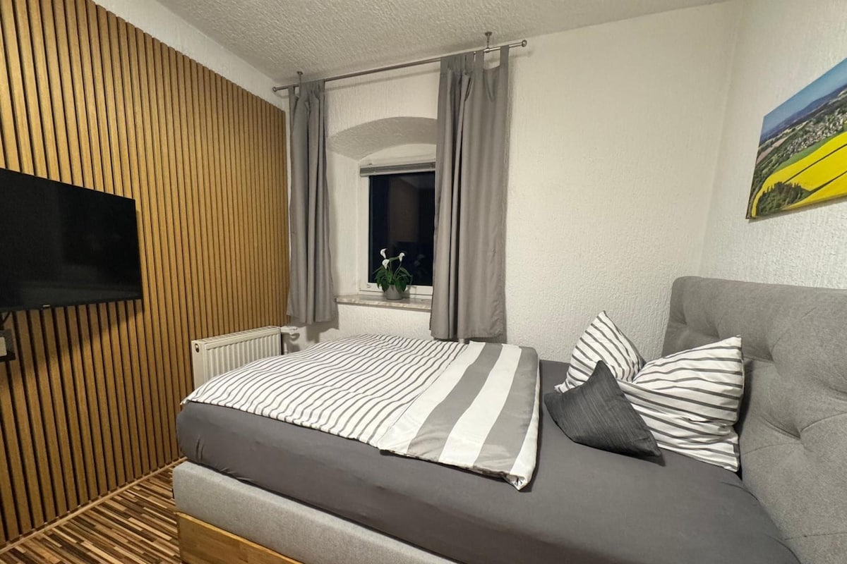 Quarto moderno com cama, televisão, janela com cortinas e um quadro na parede.