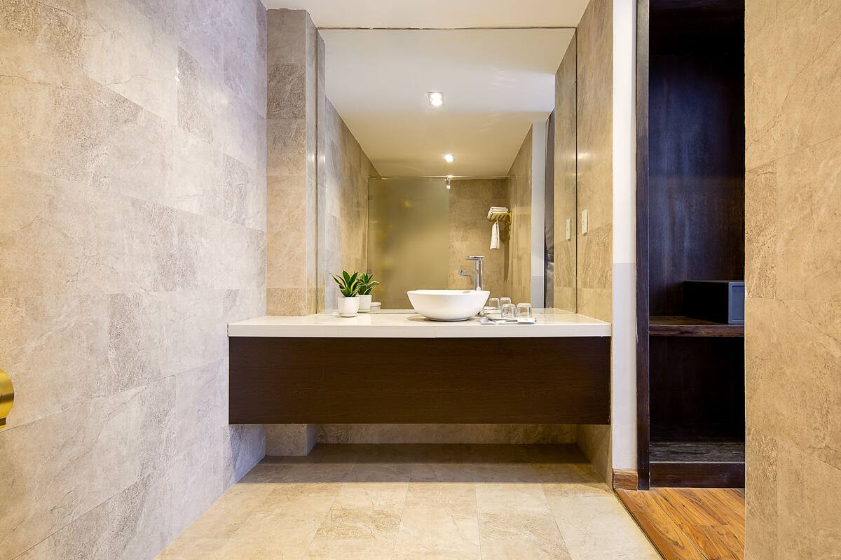 Un baño moderno con un lavamanos grande de color blanco, un espejo y una planta en maceta.