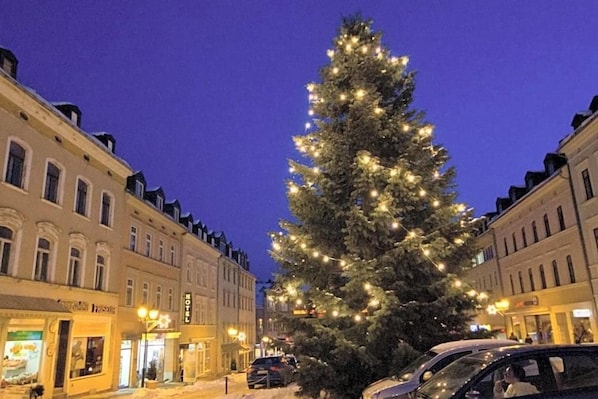 A hotel with a Christmas tree decorated with lights, located on a street with other buildings.