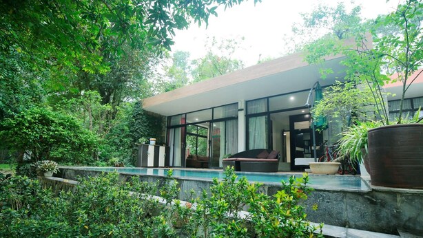 Une maison moderne avec une piscine, entourée d’une végétation luxuriante.
