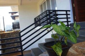 Staircase leading to an upper level with a potted plant on the landing.