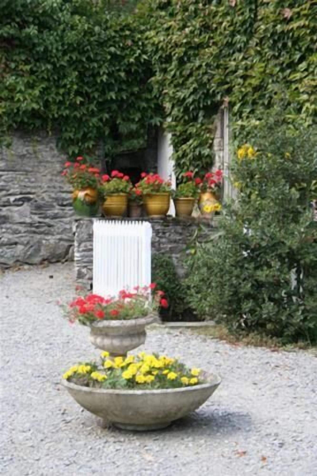 A garden with a stone wall, potted plants, and a white towel hanging on a metal rod.