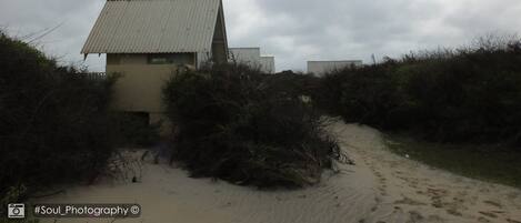 En bygning med et bølgeblikstag, omgivet af frodig vegetation og en sandsti, der fører hen til den.
