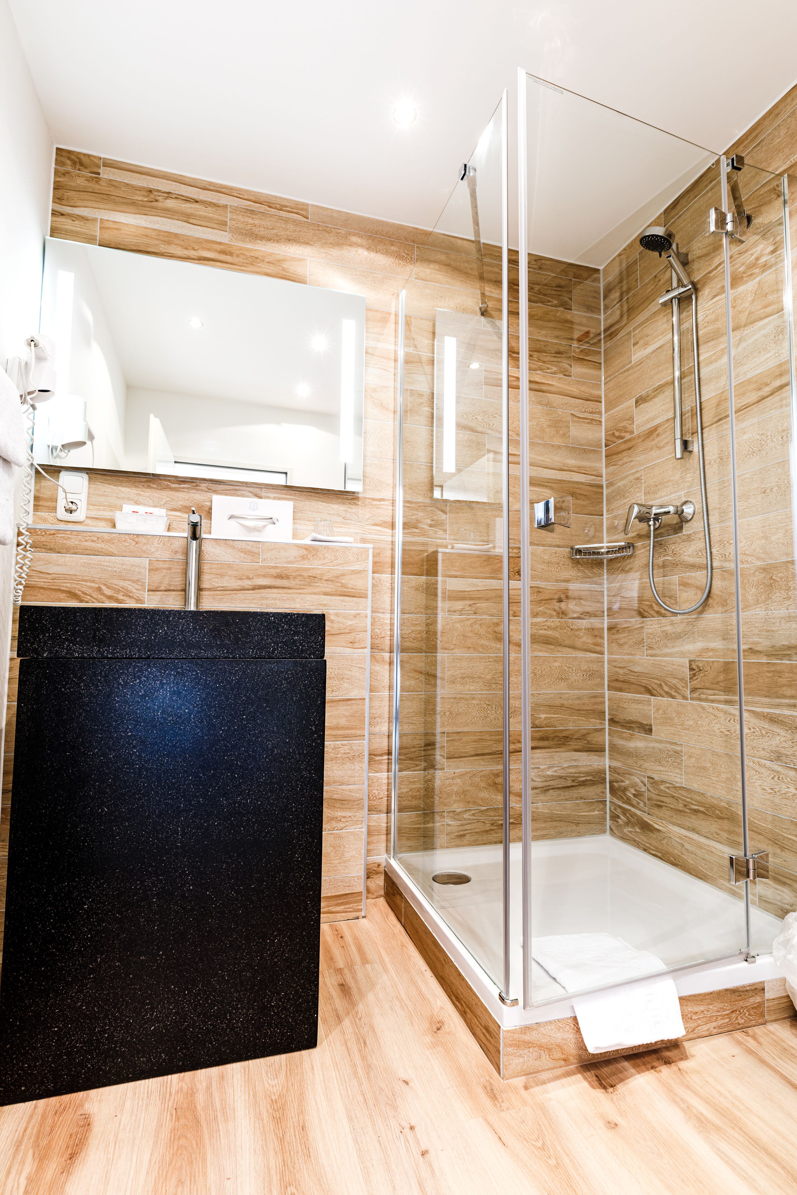 shower, free toiletries, hair dryer, towels