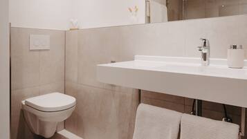 Un bany modern amb un lavabo blanc, un vàter i un mirall sobre el lavabo.