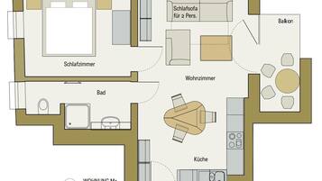 A floor plan of a hotel room with a bedroom, bathroom, living room, balcony, and kitchen.