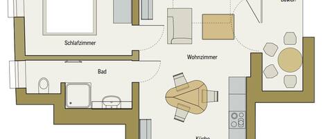 En plantegning af et hotelværelse med soveværelse, badeværelse, opholdsstue, balkon og køkken.