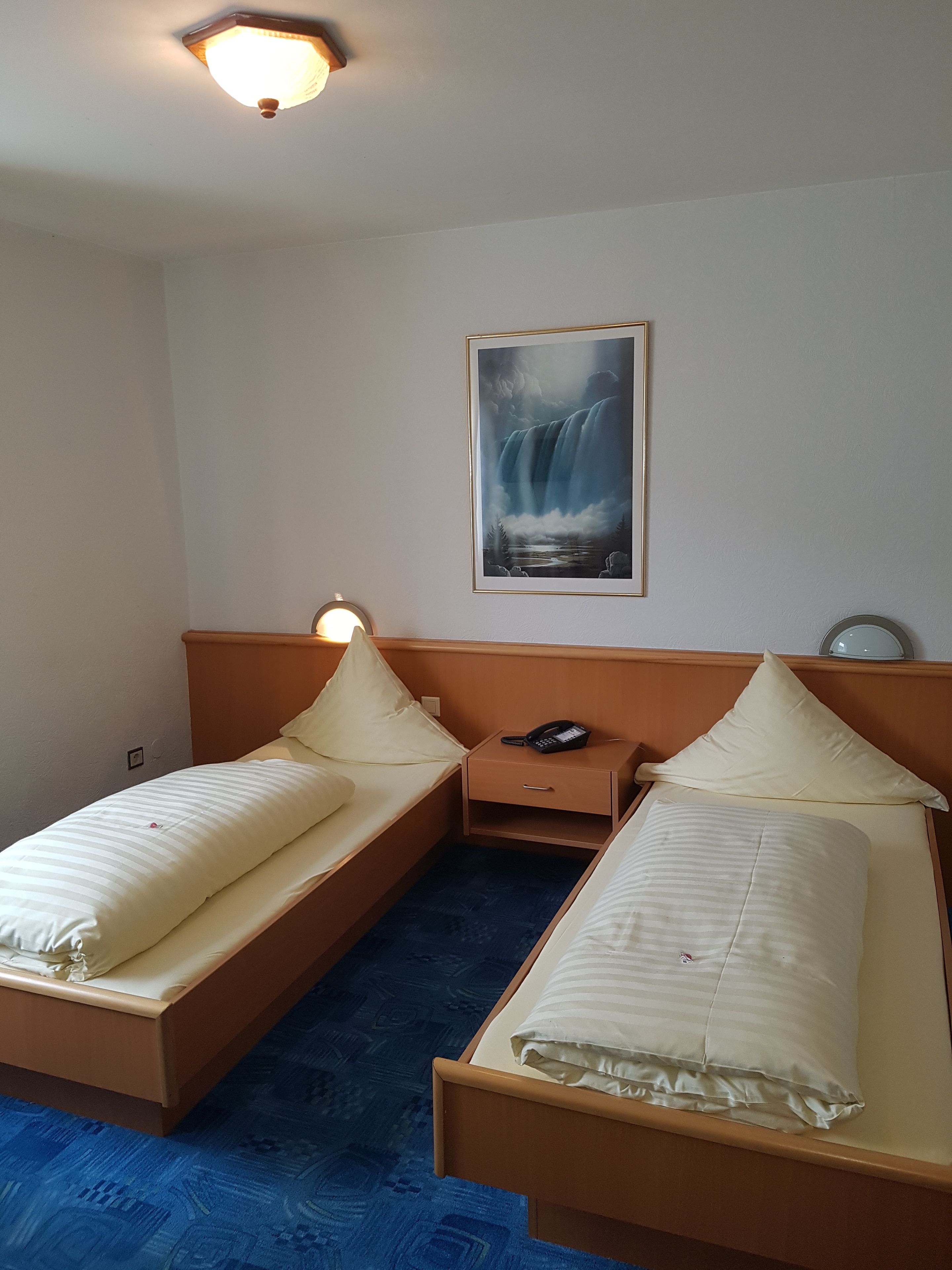 Et hotelværelse med to enkeltsenge, et sengebord med lampe, en telefon og et billede af et vandfald på væggen.