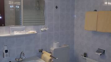 A bathroom with a sink, toilet, and mirror. There is a towel hanging on the wall, a toilet paper holder, and a soap dispenser.