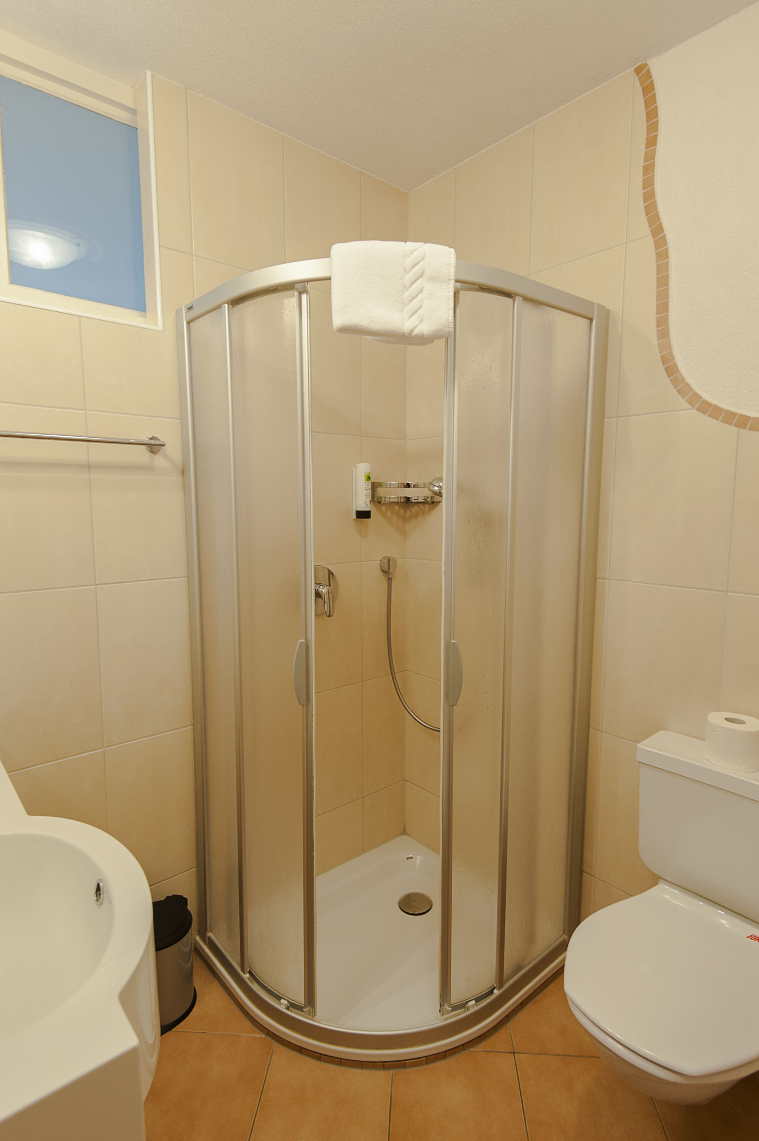 Une cabine de douche avec une porte en verre, des toilettes et un lavabo.
