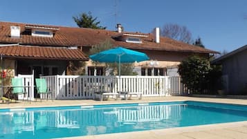 Piscina stagionale all'aperto, ombrelloni da piscina, lettini