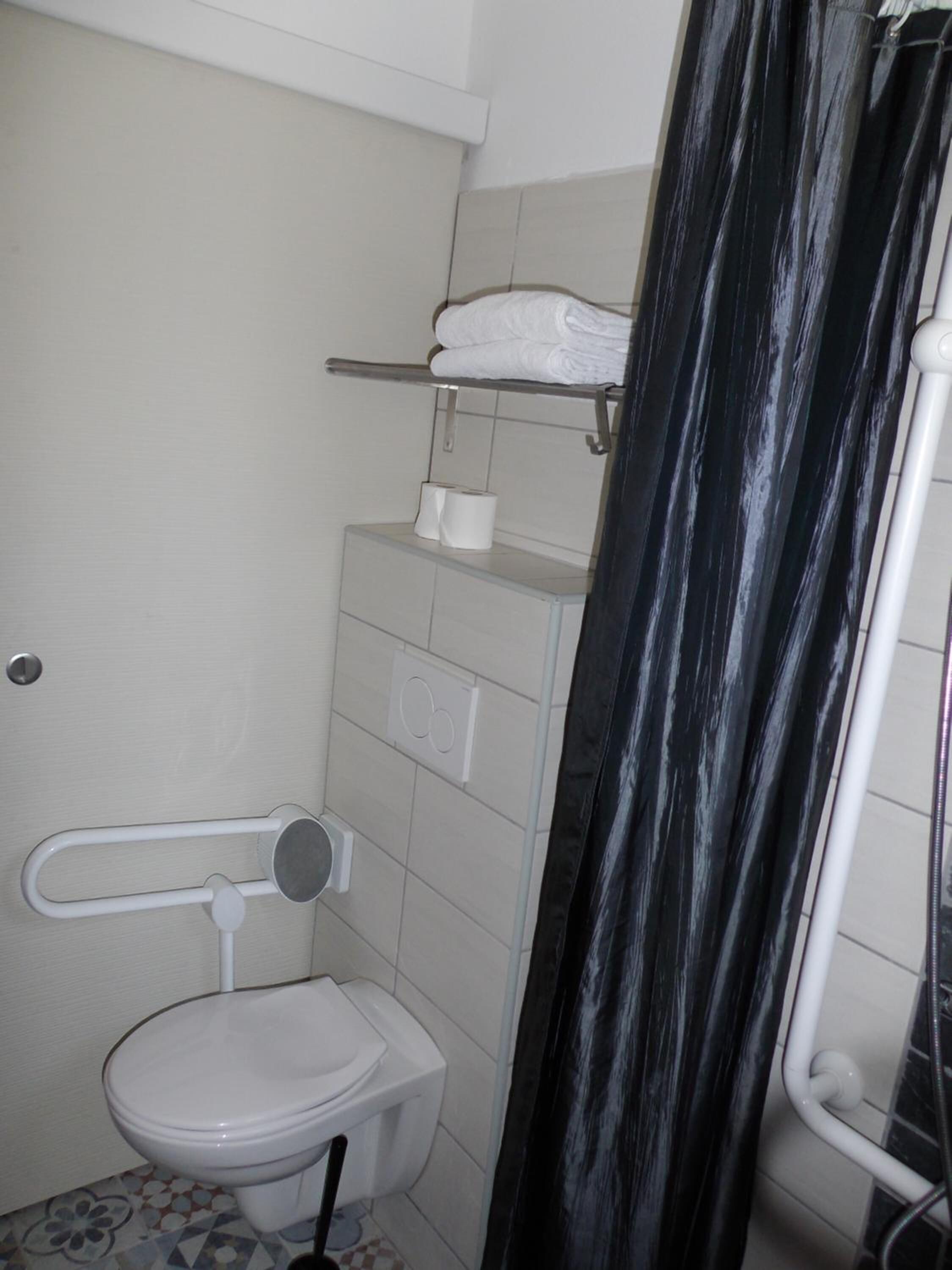Un baño pequeño con inodoro, barra de apoyo, toallero y cortina de ducha.
