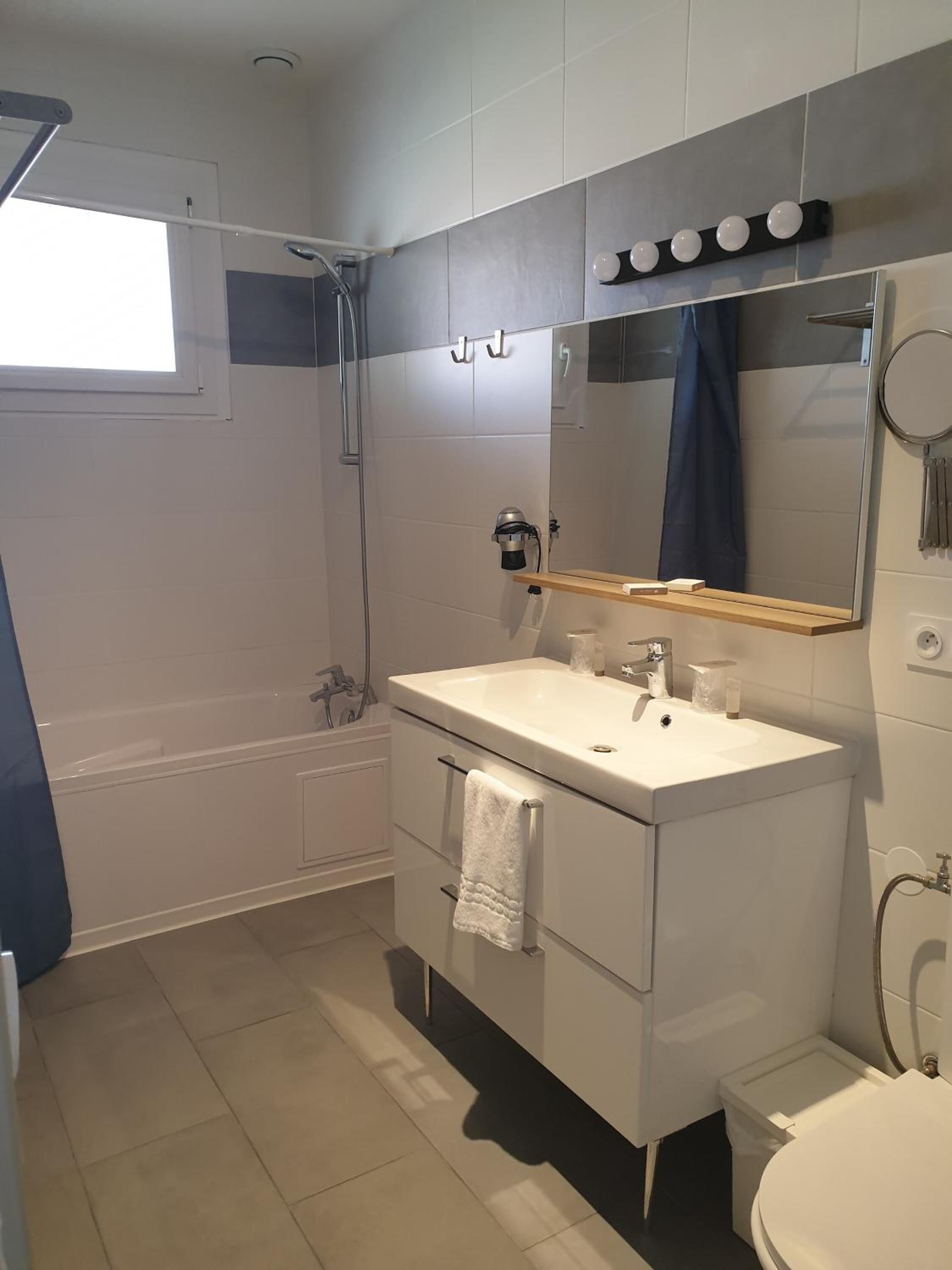 free toiletries, hair dryer, towels