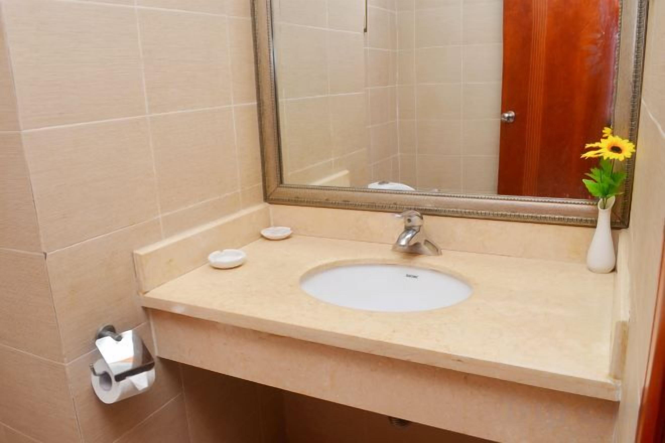 Une salle de bain avec un lavabo, un miroir et un petit vase contenant une fleur.