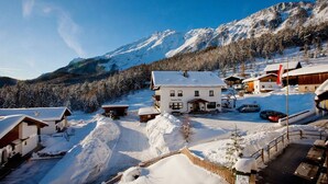 En snötäckt bergsby med en framträdande byggnad som har skylten ”Hotel Alpenblick”.