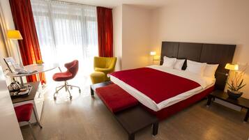 Minibar, desk, laptop workspace, iron/ironing board