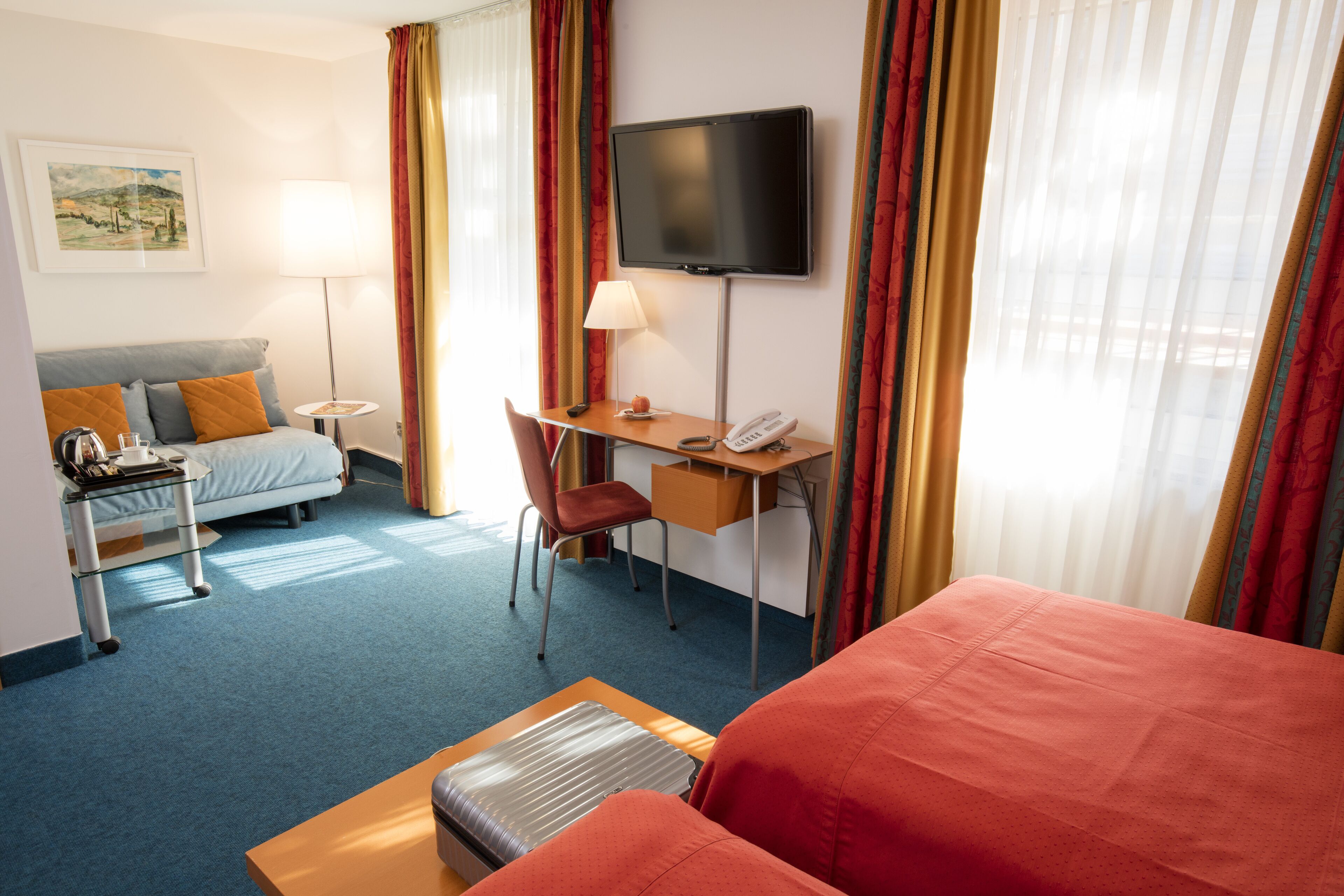 minibar, desk, laptop workspace, iron/ironing board