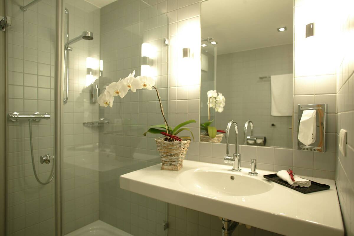 standard double room | bathroom | shower, free toiletries, hair dryer, slippers