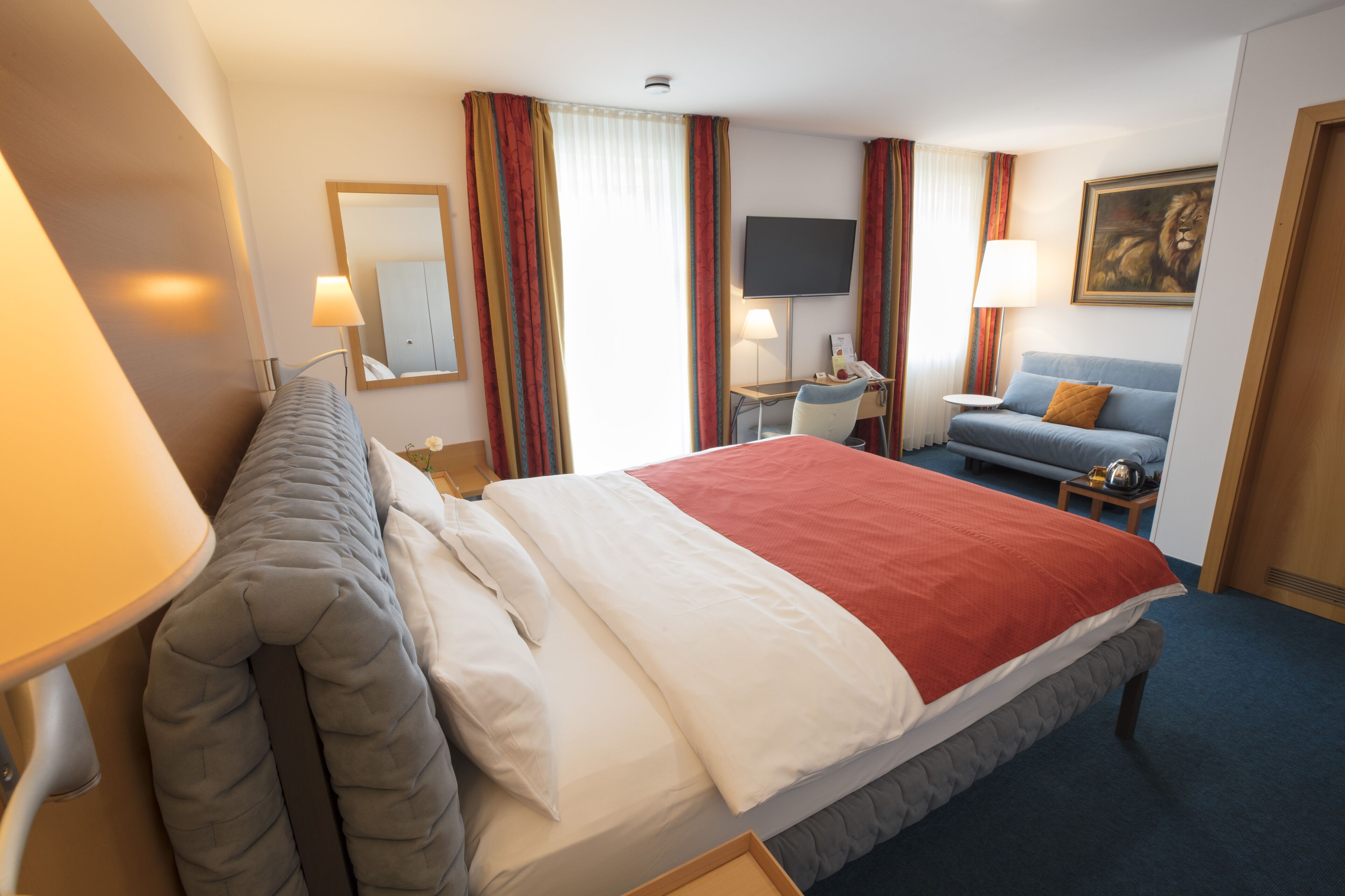 minibar, desk, laptop workspace, iron/ironing board