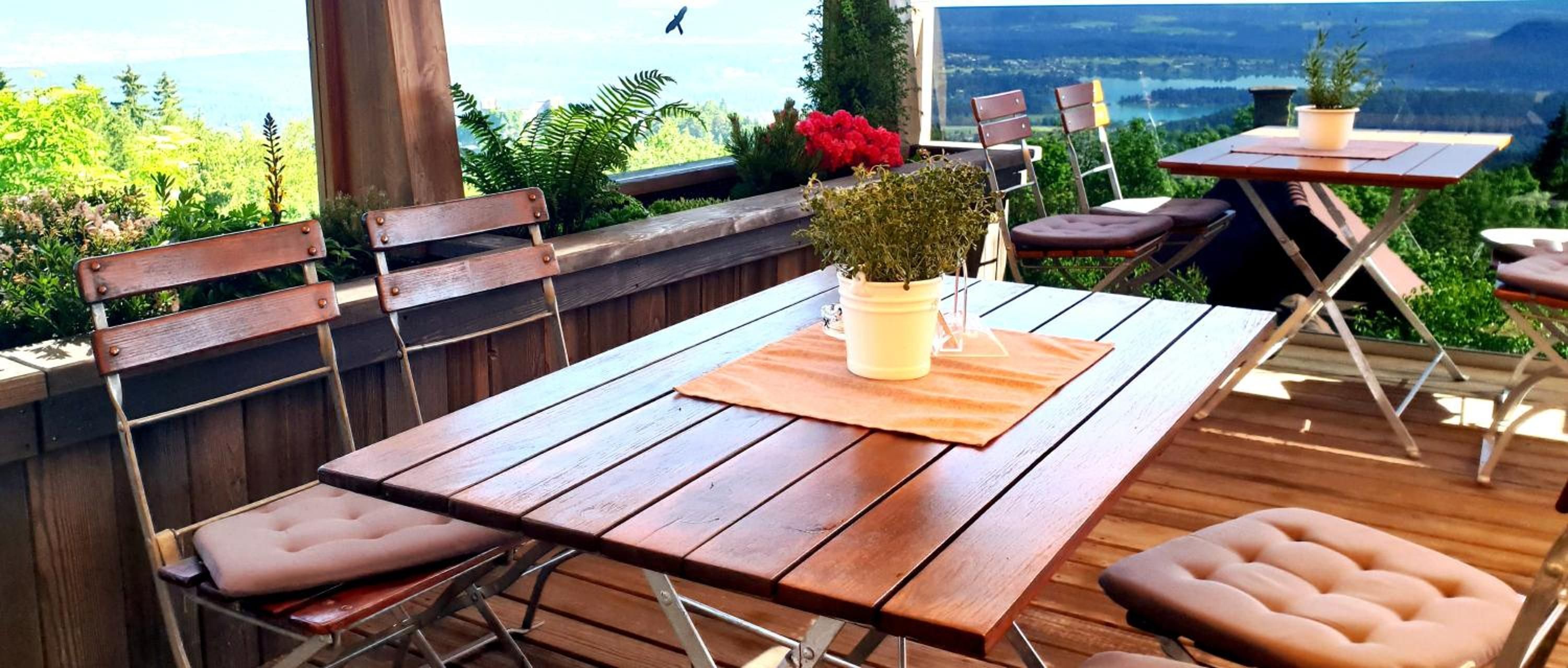 Een houten terras buiten met een tafel, stoelen, een potplant en uitzicht op het landschap.