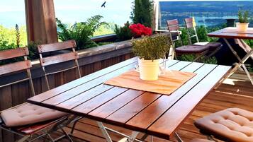Een houten terras buiten met een tafel, stoelen, een potplant en uitzicht op het landschap.