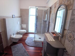 Shower, free toiletries, hair dryer, bidet