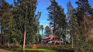 A house surrounded by tall trees and a clear sky. - Vildmarks Lodge (Ytterhogdal)