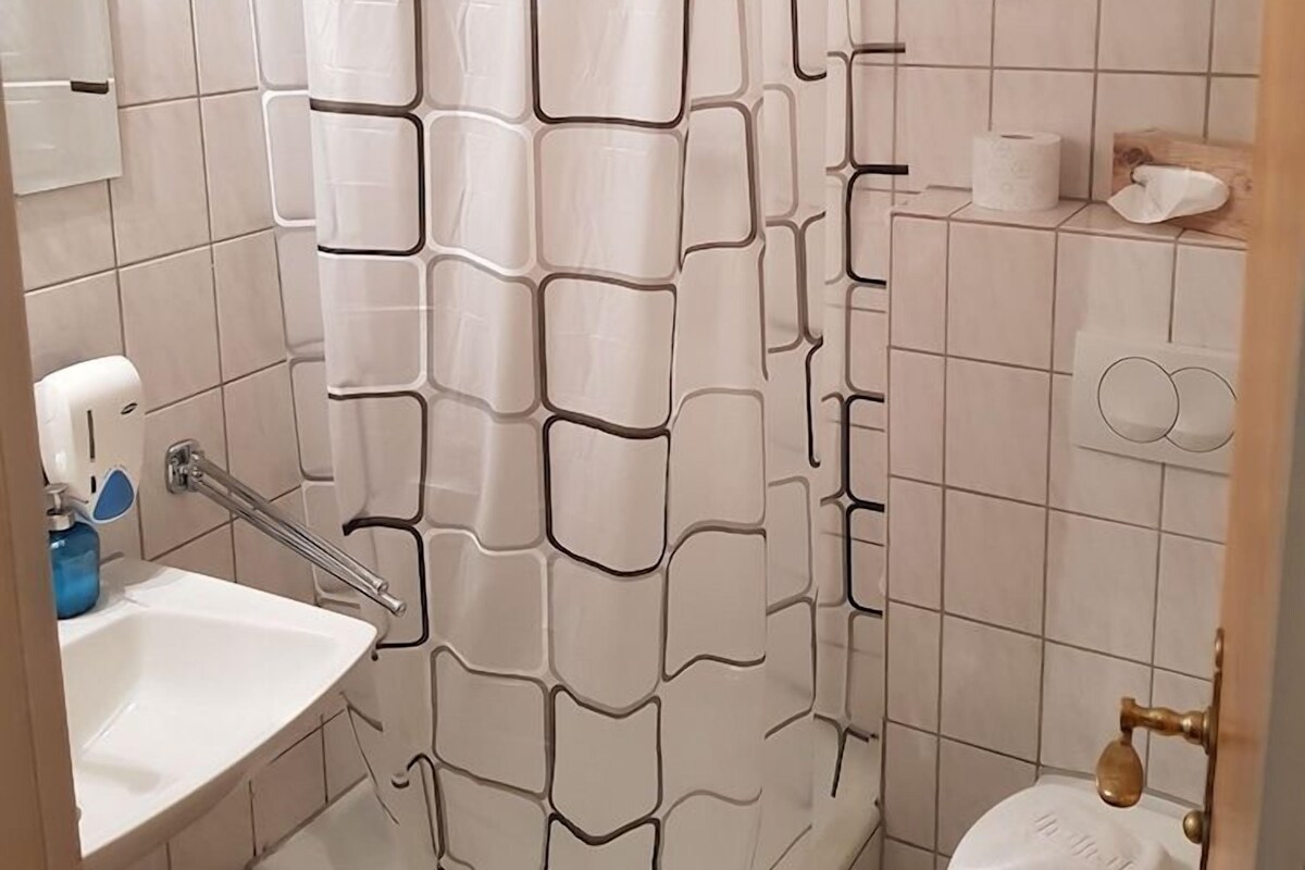 Badezimmer | Dusche, kostenlose Toilettenartikel, Handtücher