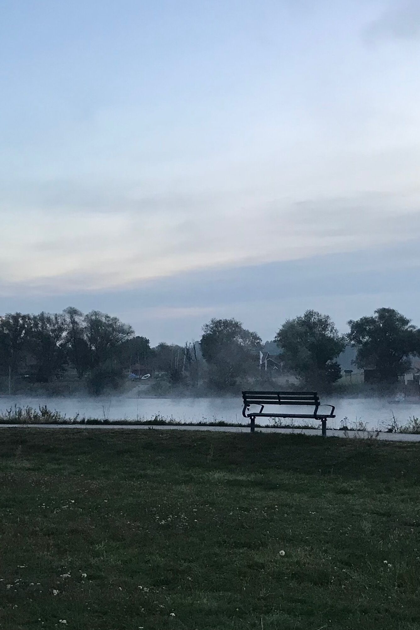 A bench in a park with a body of water and trees in the background.