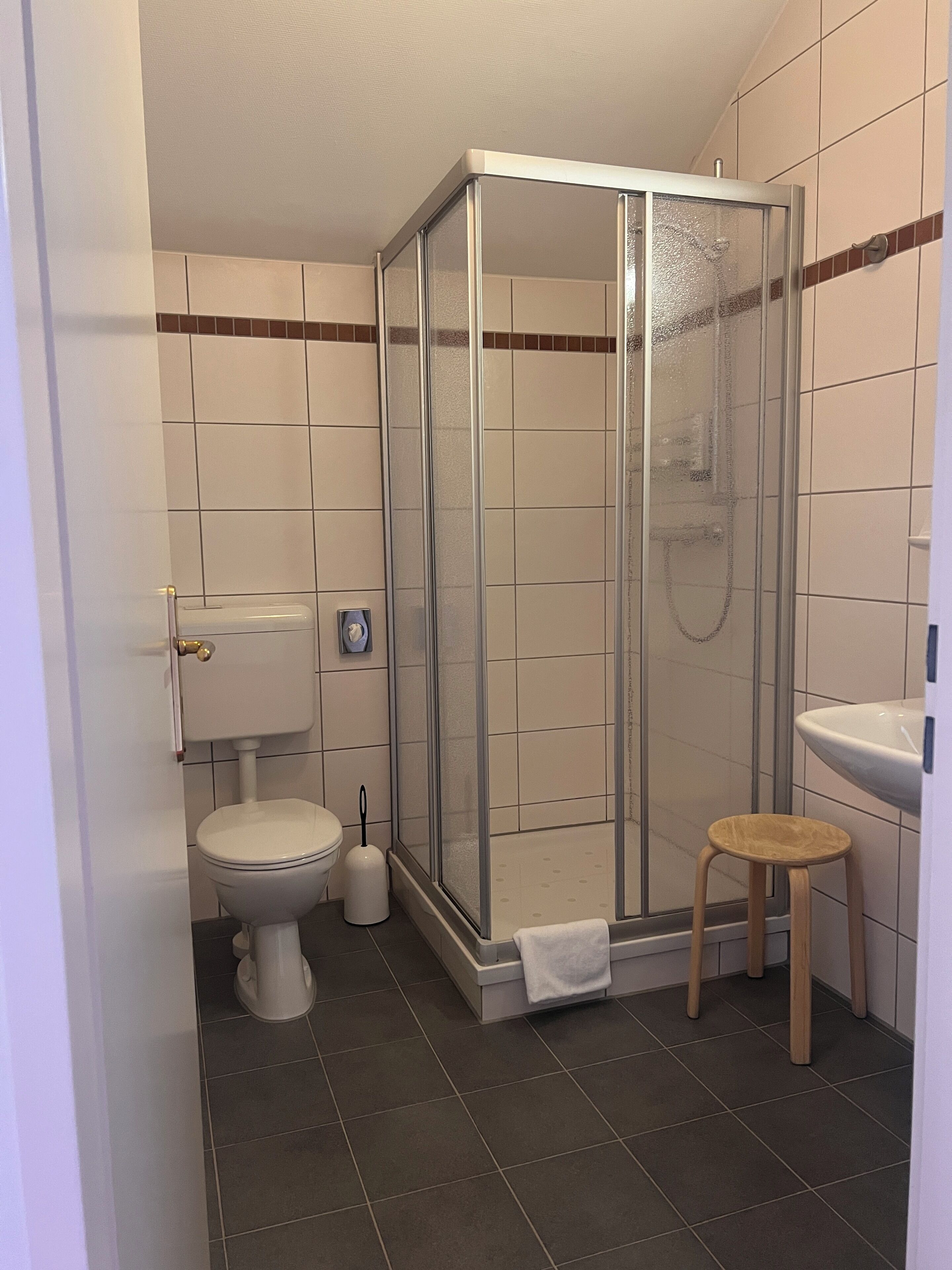 A bathroom with a toilet, a shower enclosure, and a sink.