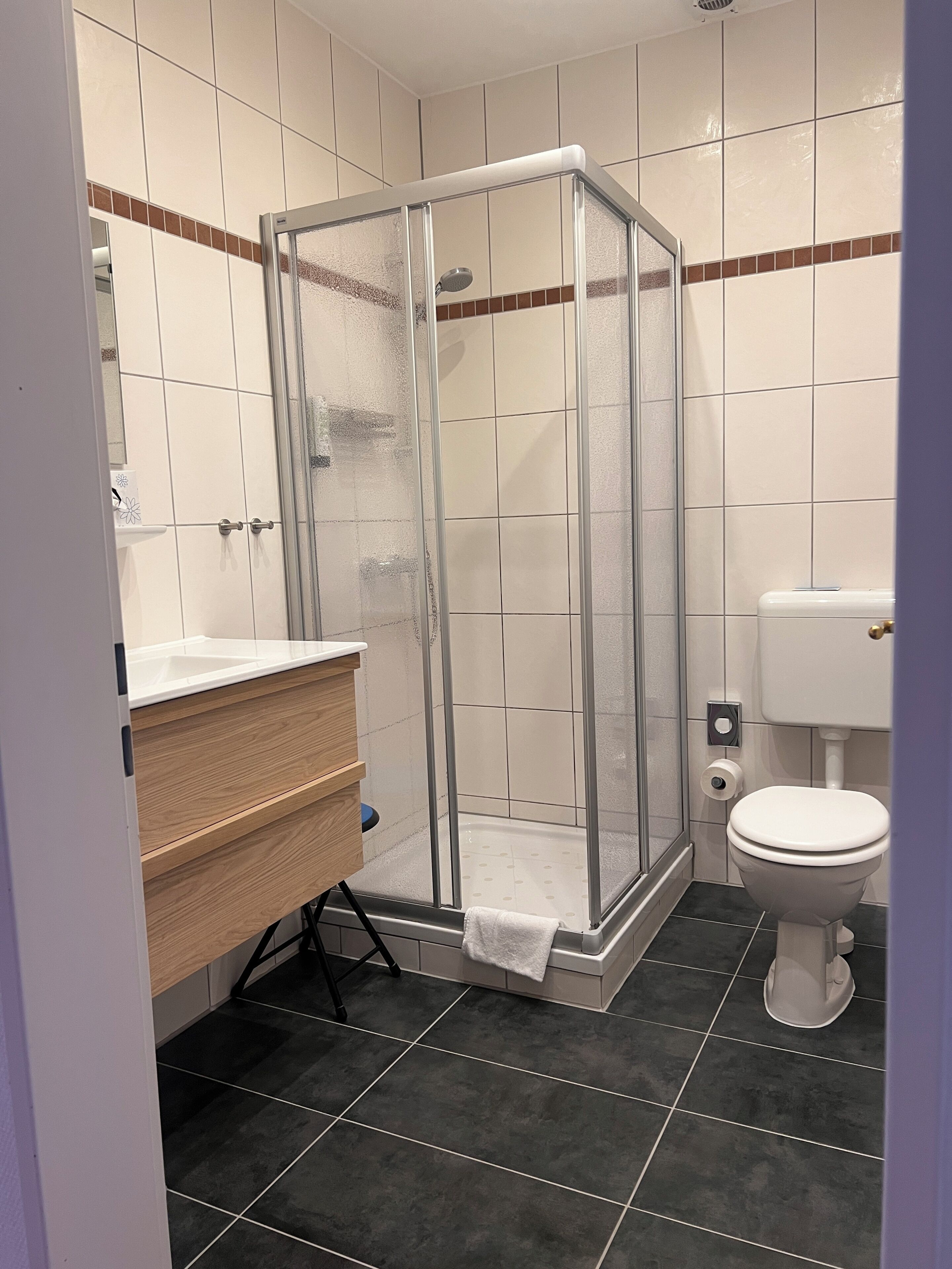 Un baño con cabina de ducha, inodoro y lavabo con espejo.