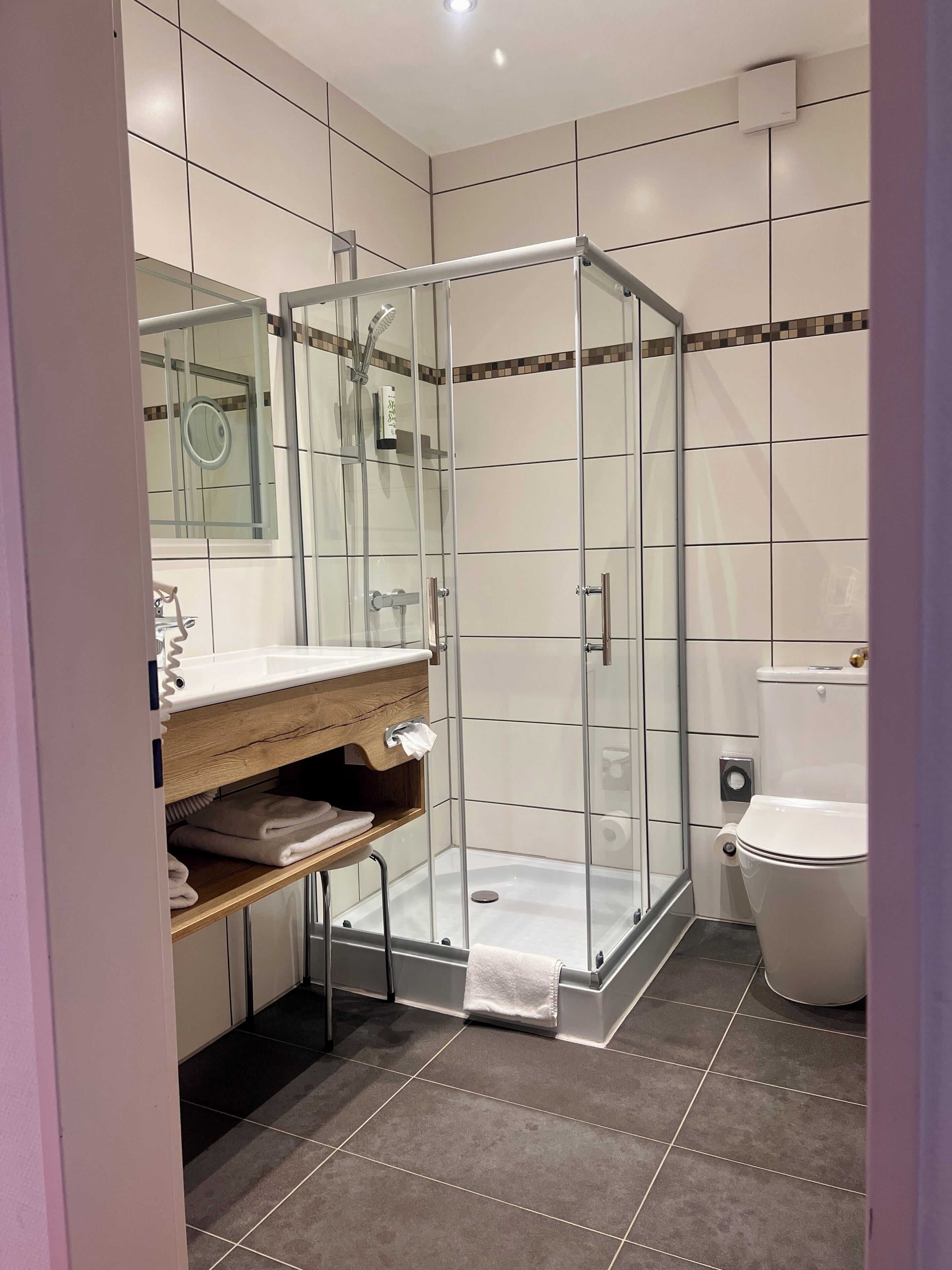 A modern bathroom with a glass-enclosed shower, a wooden vanity, a toilet, and a mirror.