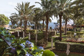 A landscaped garden with palm trees and neatly trimmed hedges.