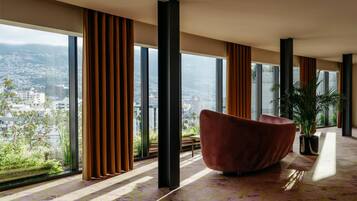 A spacious room with large windows, a modern chair, and a potted plant.