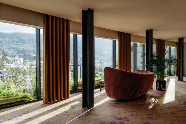 A spacious room with large windows, a modern chair, and a potted plant.