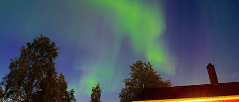 Una cabaña roja con dos ventanas, rodeada de árboles, bajo un cielo nocturno con estrellas visibles y aurora verde.